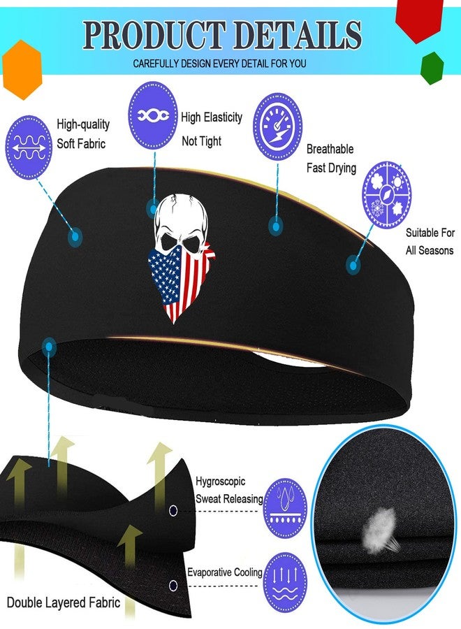FACITE 3PCS Sweatbands for Men Women Sweat Band Headbands Men Sport Workout Headbands for Mens Cooling Head Bands Skull American Flag Stretchy Hairband for Running Yoga Gym Hip Hop Football 4th July Gift - Image 3